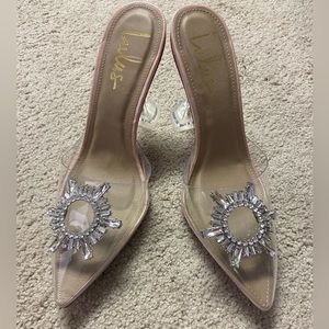 Lulu's Clear Pointed Mule Heels with Pink Trim & Crystal Accents